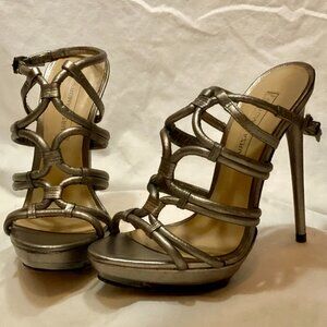Size 6.5 BCBGMAXAZARIA MA-FARROW Gray Pewter Metallic Ankle Buckle Stilettos